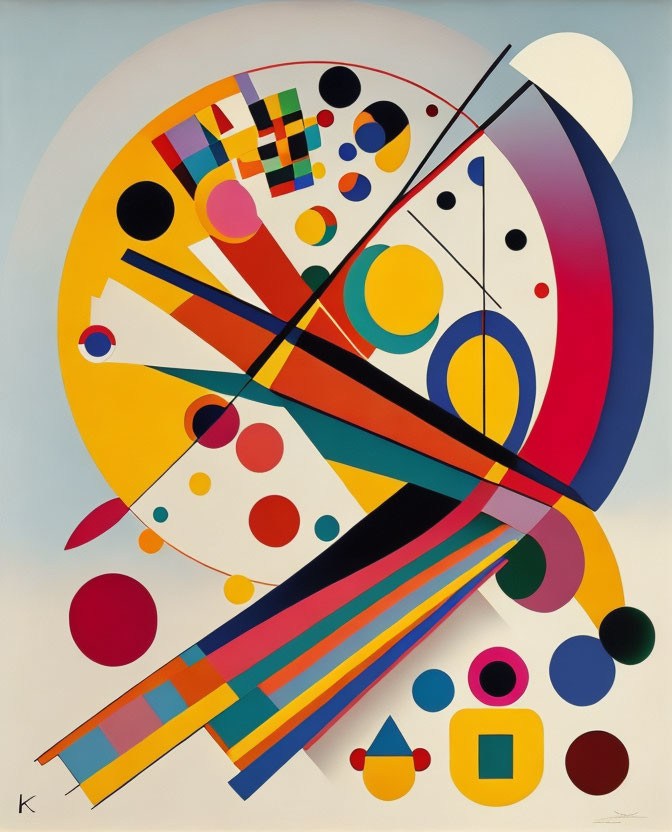 Colorful geometric artwork with circles, squares, lines, and signature "K