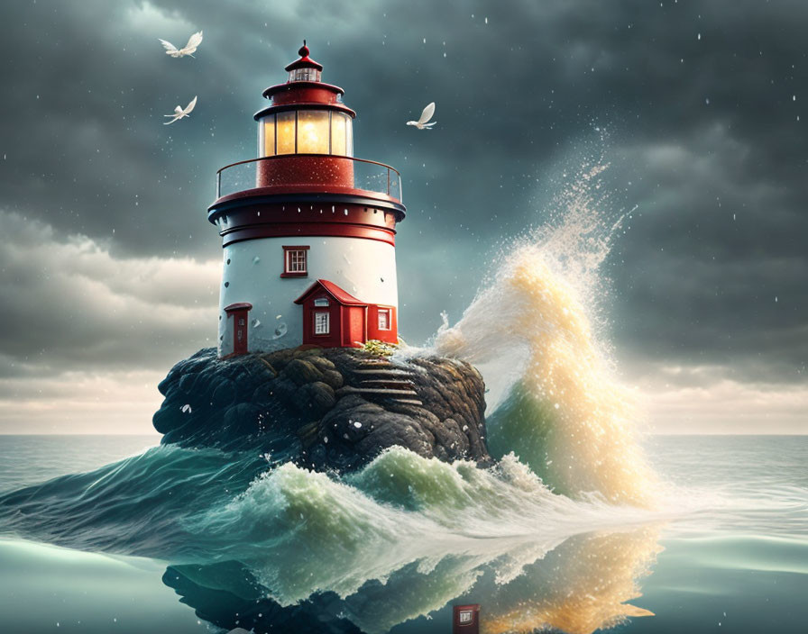 Rocky outcrop lighthouse in stormy seascape with crashing wave and birds