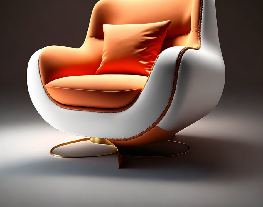 Modern Armchair with White Exterior, Orange Cushions & Golden Base