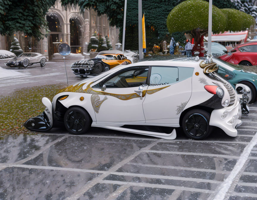 White Ornate Concept Car Parked on Cobblestone Street Among Classic and Futuristic Vehicles by Christmas