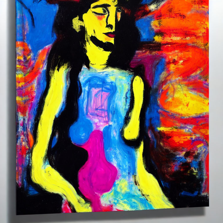 Vibrant Abstract Painting with Stylized Human Figure in Blue and Pink