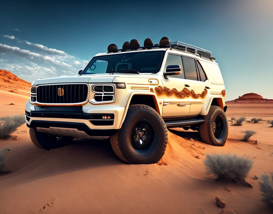 Custom Grill & Roof Rack on Luxury Off-Road SUV in Desert Sunset