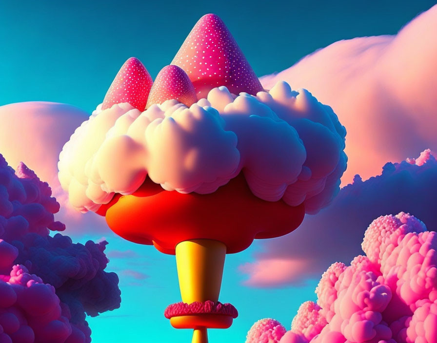 Colorful whimsical tree art with candy-like appearance on fluffy clouds