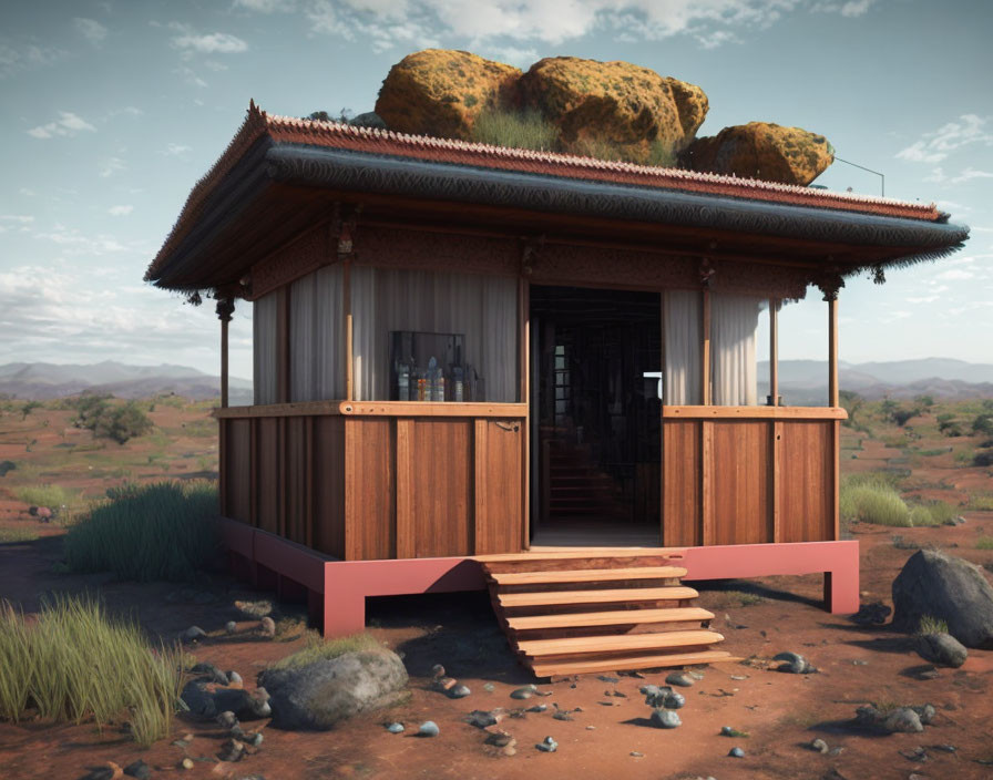 Wooden cabin with tiled roof and deck in dry savannah landscape under clear sky, shaded by rock