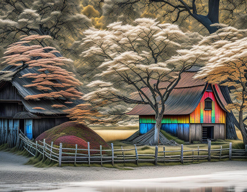 Colorful Door on Rustic Barn in Autumn Landscape with White Trees