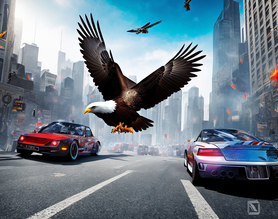 Eagle flying over urban street race with sports cars and skyscrapers