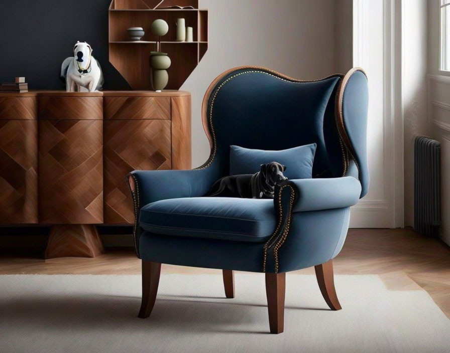 Blue Wingback Chair with Brass Studded Accents in Room with Wooden Cabinet