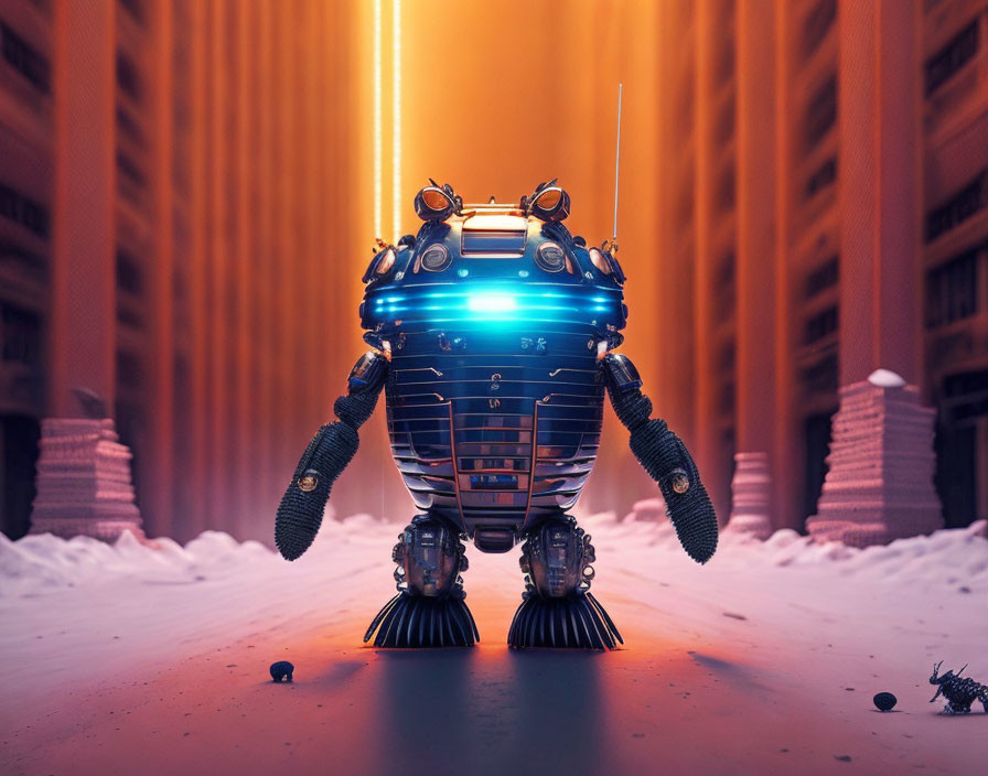 Futuristic robot with blue stripes in sci-fi cityscape