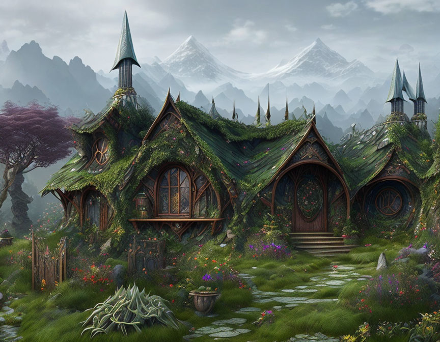 Fantasy cottage with vine-covered roofs in lush garden and mountain backdrop