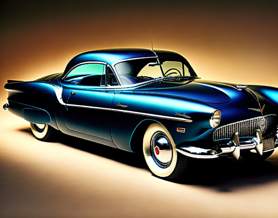 Vintage Blue Car with White-Wall Tires and Tailfins on Gradient Background