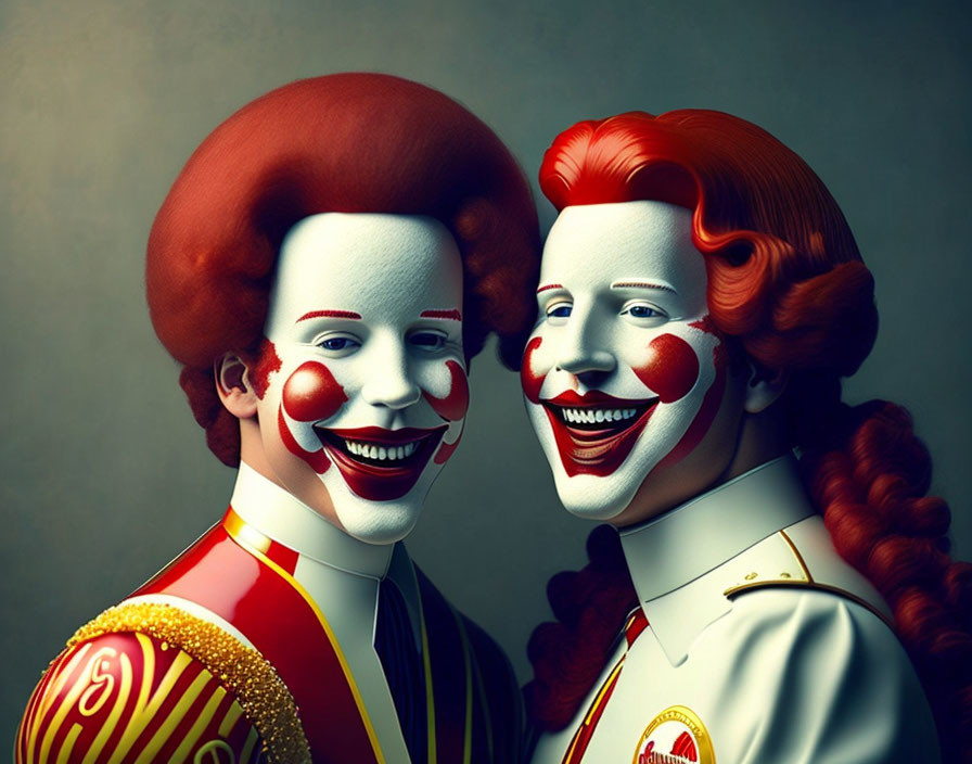 Hyperrealistic clowns with red hair and traditional makeup in vintage circus costumes