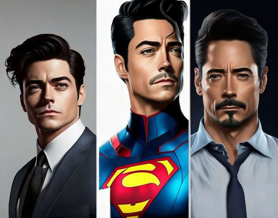 Stylized portraits of men in suit, Superman costume, and casual attire, looking serious