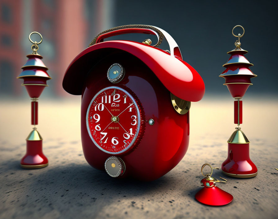 Surreal red alarm clock with Christmas tree pendulums on soft-focus background