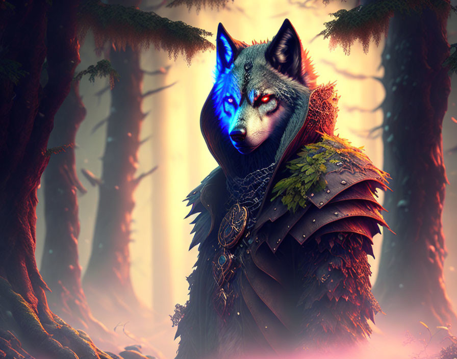 Wolf in Medieval Armor with Blue Eyes in Mystical Forest