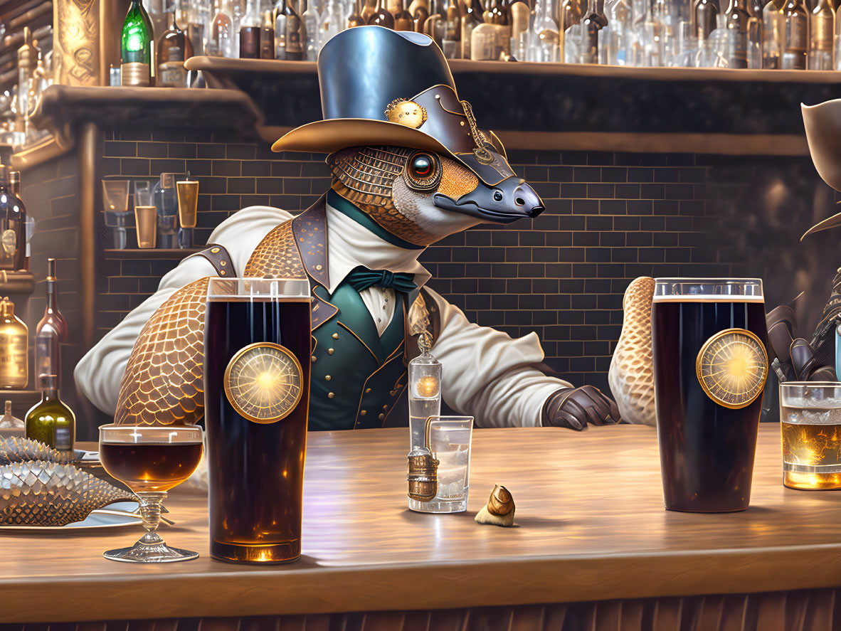 Anthropomorphic lizard in Victorian attire at elegant bar with drinks