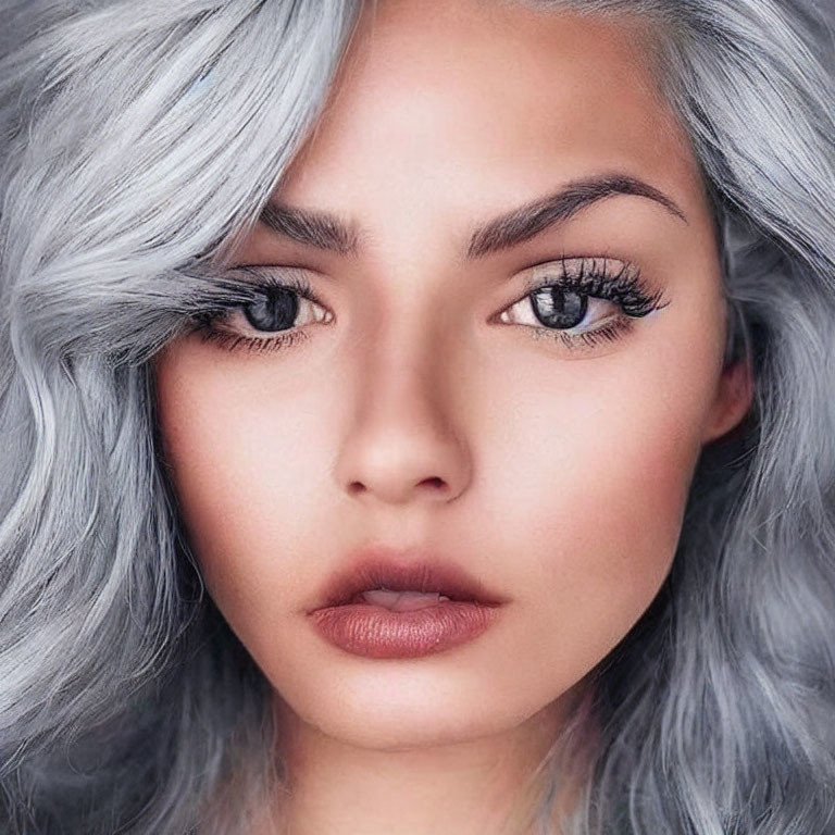 Detailed Portrait of Woman with Silver Hair and Bold Eye Makeup