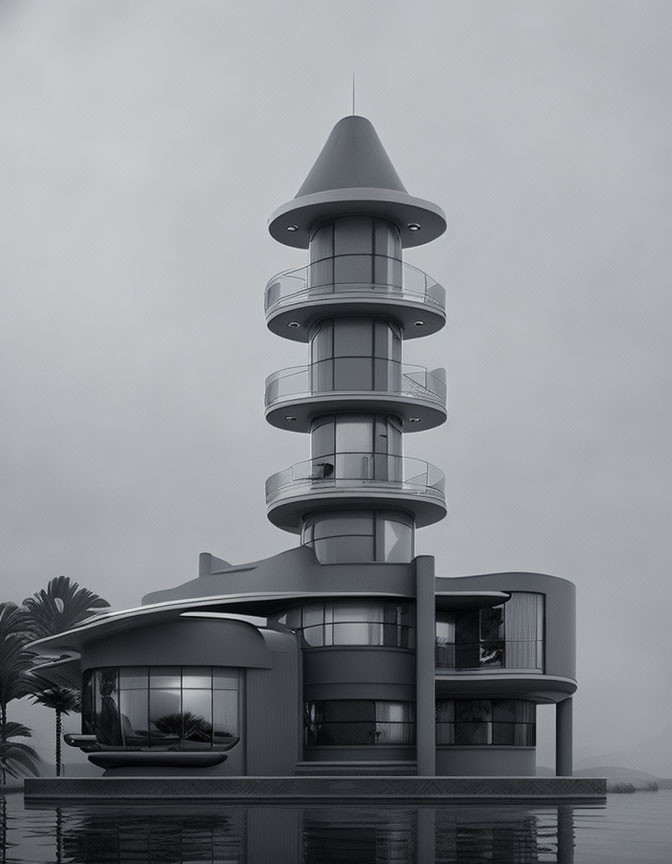 Monochrome image of modern multi-level architecture with cone-shaped roof in misty surroundings.