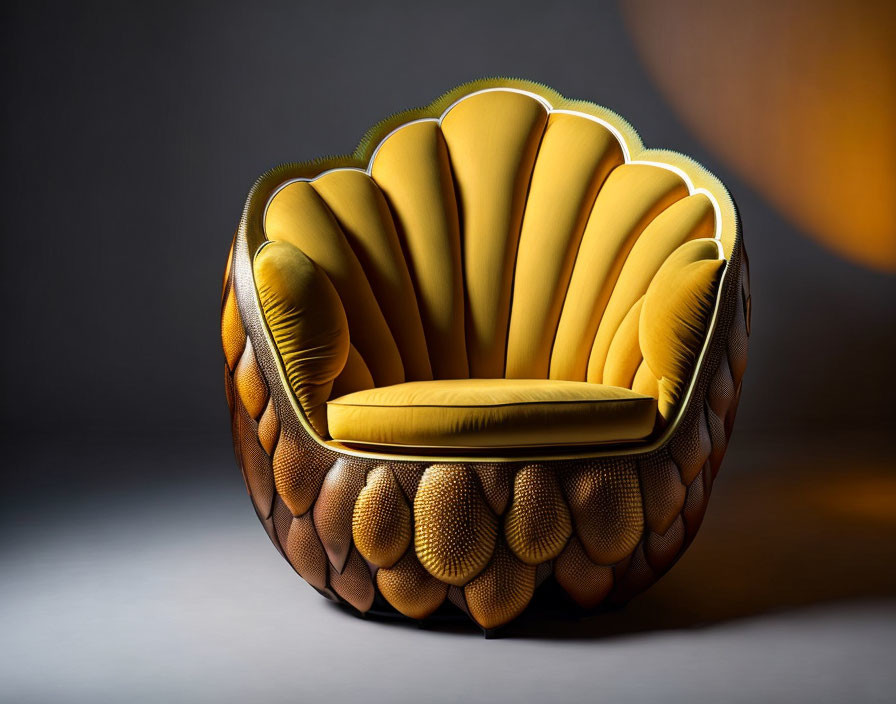 Luxurious Armchair with Shell-Like Design and Yellow-Orange Upholstery