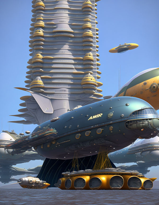 Futuristic airships near towering skyscraper with advanced propulsion systems