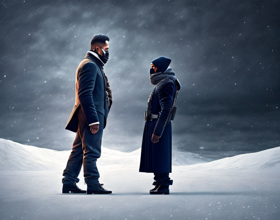 Two individuals in winter coats under night sky in snowy landscape