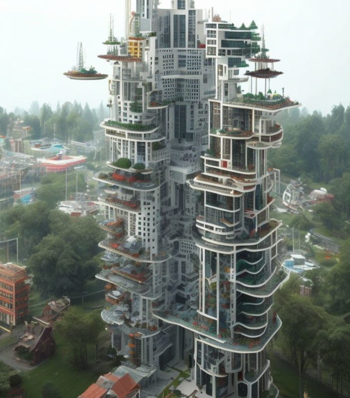 Multi-tiered skyscraper with greenery, balconies, and diverse architectural styles in urban setting