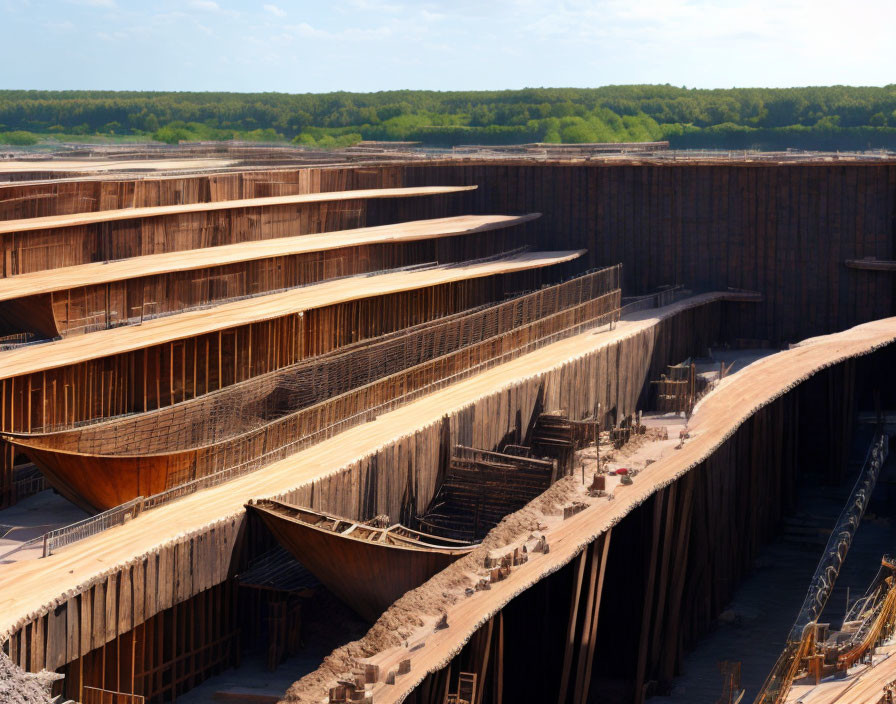 Large shipyard construction site with curved wooden structures and metal scaffolding under clear skies