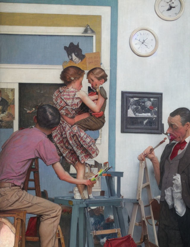 Family portrait with mother, child on ladder, father looking, room with paintings and clock