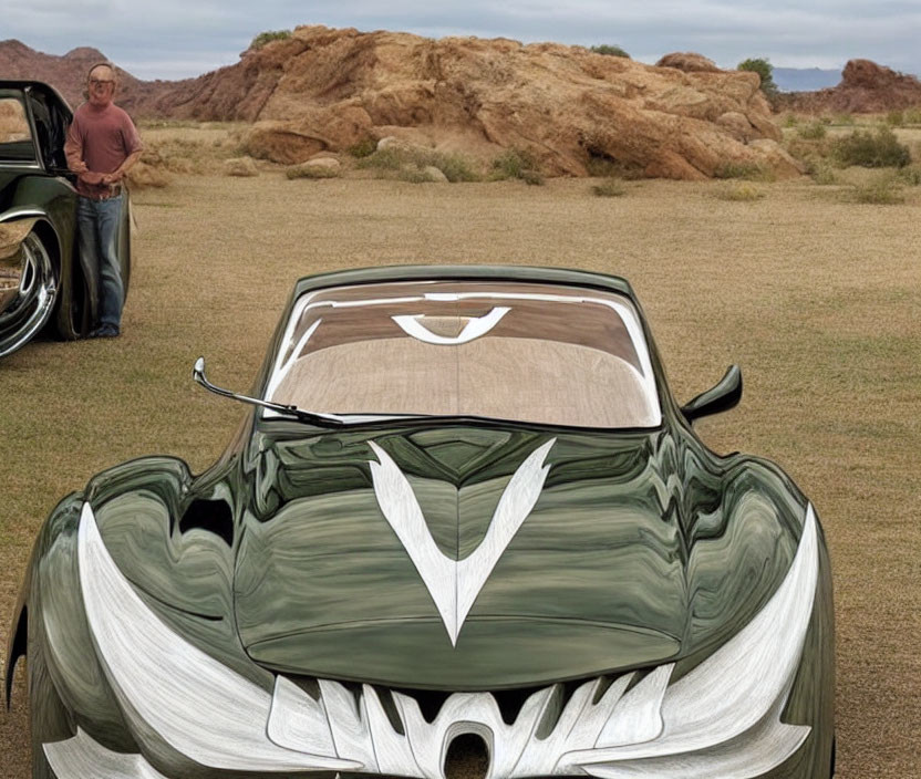 Digitally altered car with monstrous face in desert landscape with man.