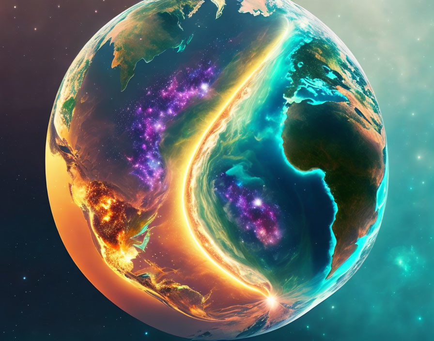 Vivid artwork of Earth with fiery and starry textures blending into continents