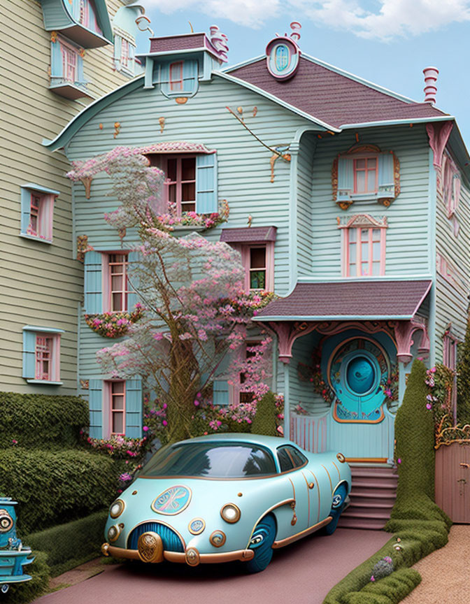 Whimsical pastel-blue house with pink trim and blooming flowers