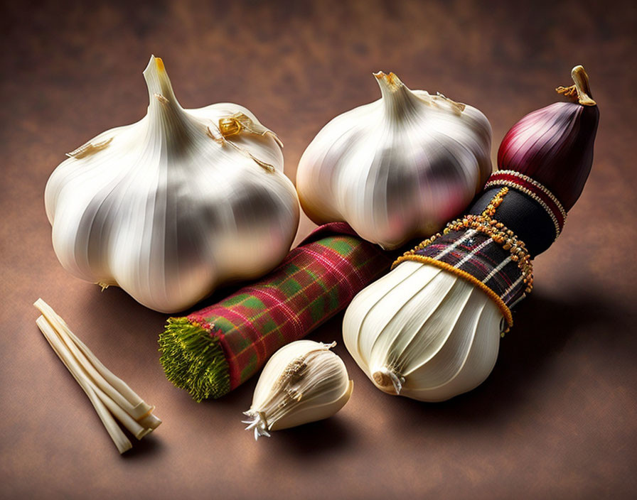 Fresh garlic bulbs and cloves on tartan cloth and toothpicks on brown background