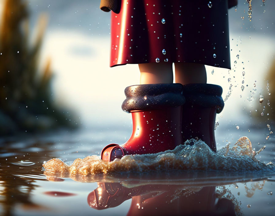 Young child in red rain boots and polka-dotted coat splashing in puddle