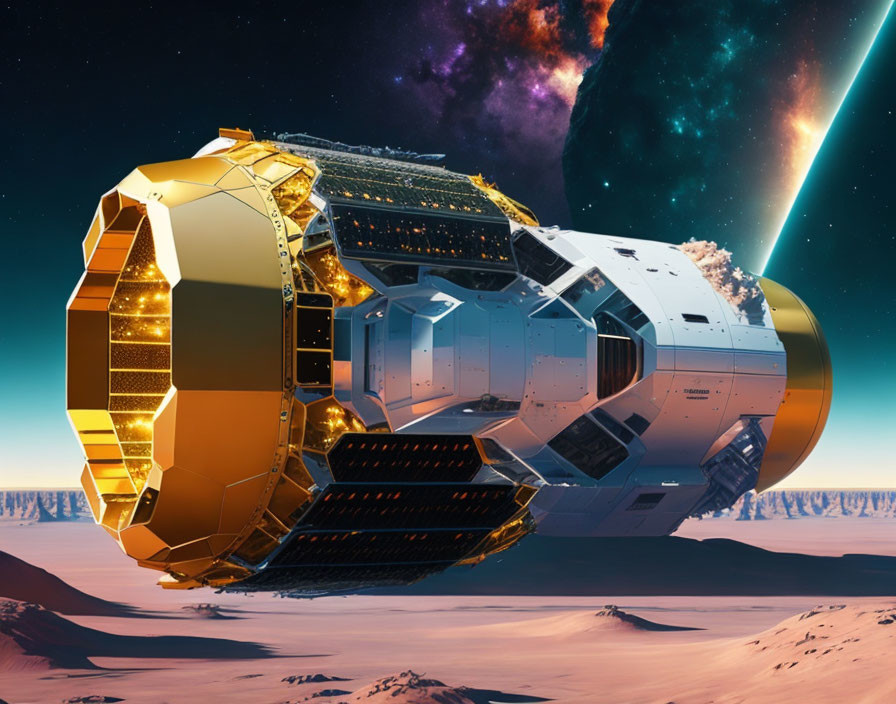 Futuristic gold and white spaceship lands on rocky alien landscape