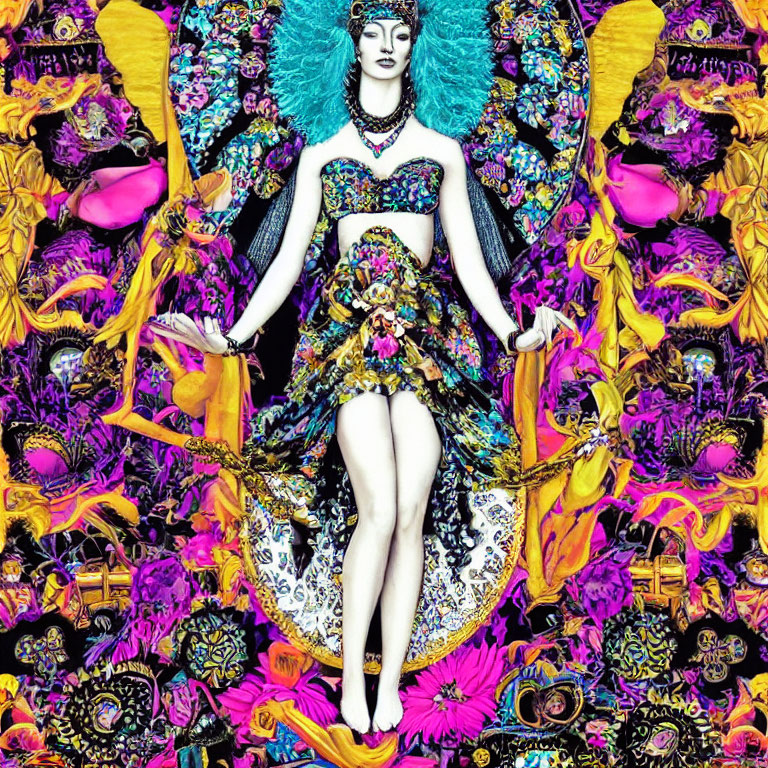 Colorful Psychedelic Image of Woman in Ornate Attire and Floral Designs