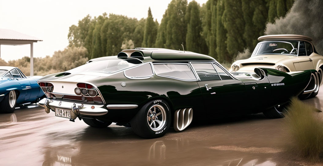 Vintage Cars Parked Outdoors: Black Sports Car with Round Taillights and Dual Exhausts