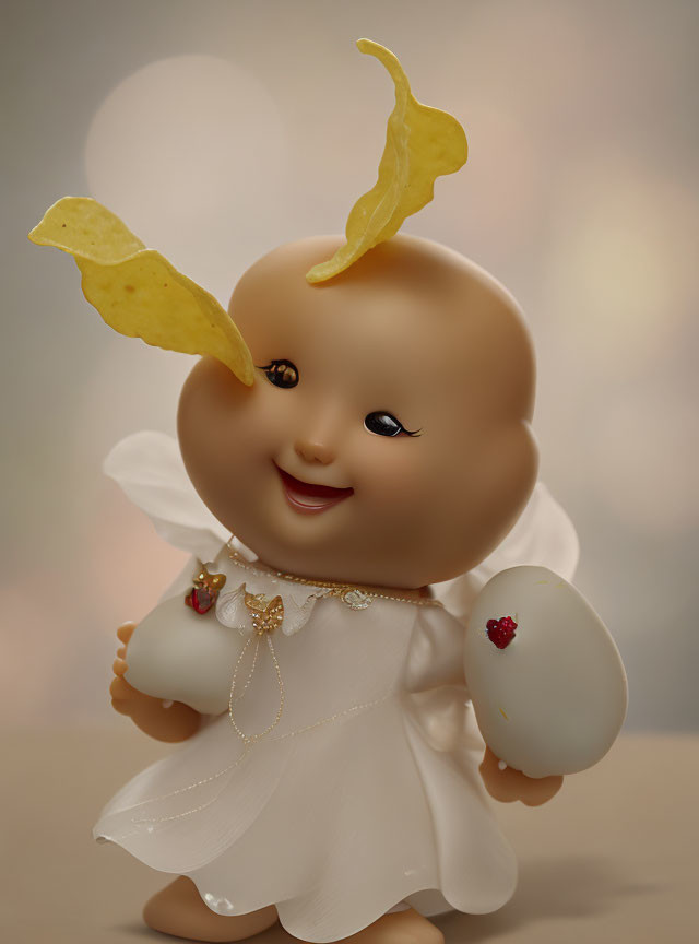 Smiling doll with angel wings and potato chip horns