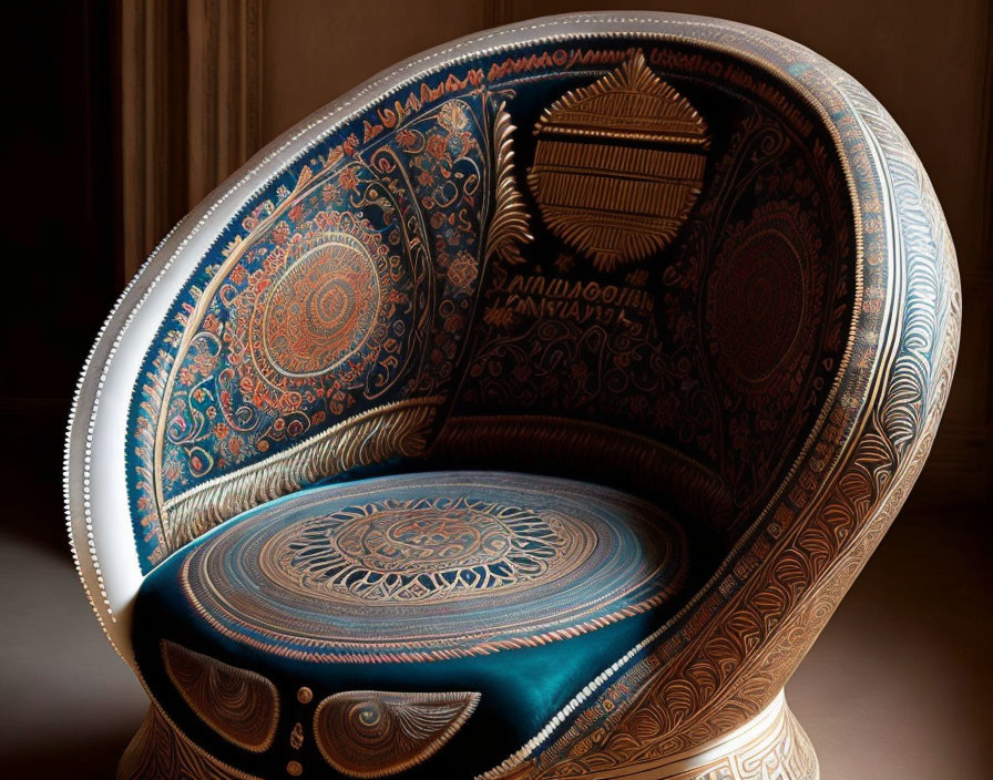 Intricate Blue and Gold Patterned Round-backed Chair