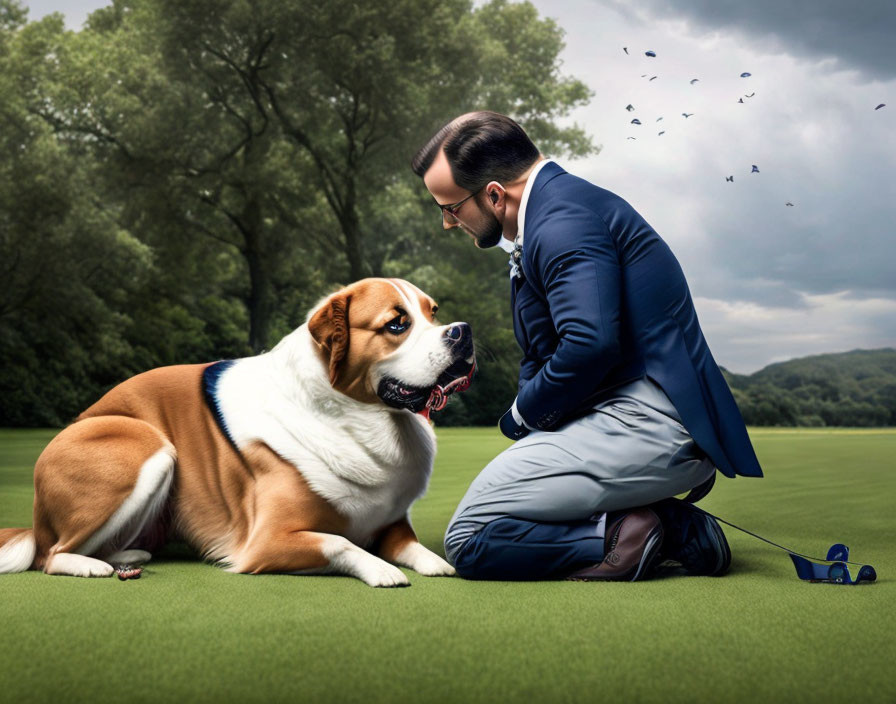 Man in suit kneeling with large dog on grass field under serene sky