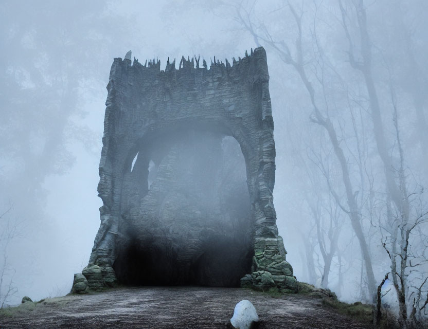 Mysterious Stone Archway in Foggy Forest Setting