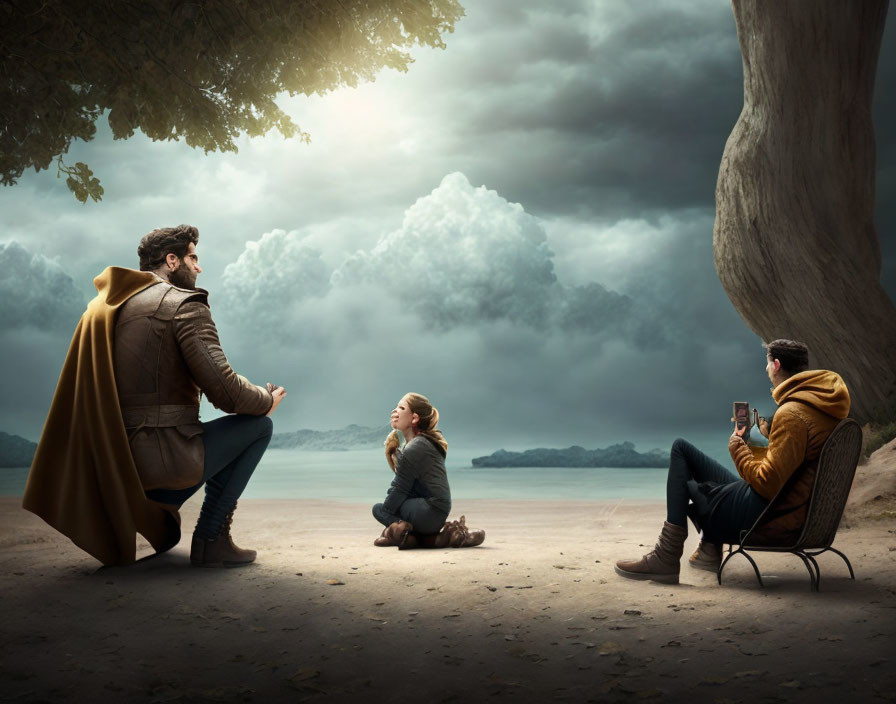 Three people under large tree on beach with dramatic clouds, showcasing varying levels of interaction.