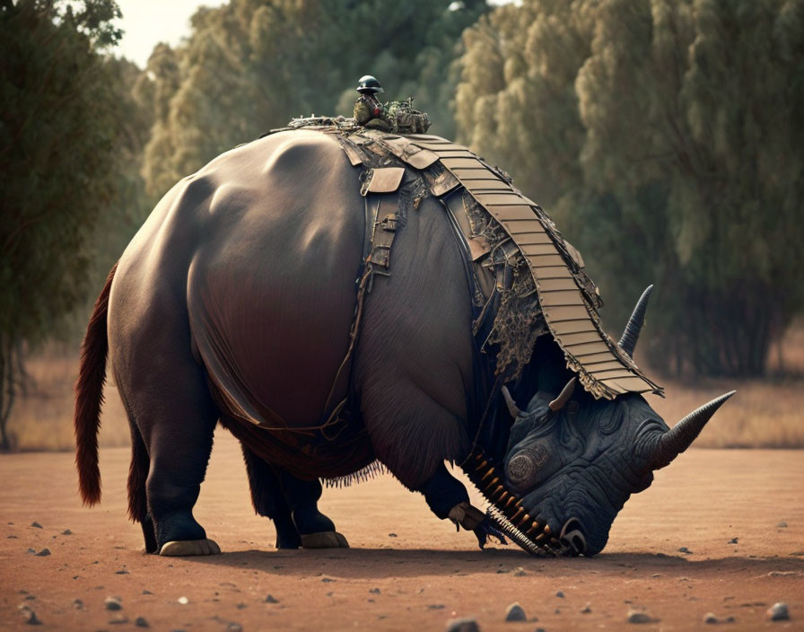 Rhinoceros in armor with bird on back in dusty landscape