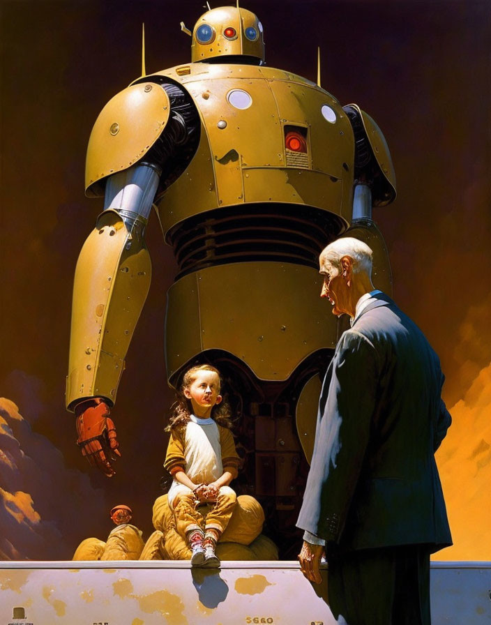 Elderly man, young girl, and humanoid robot under warm golden sky