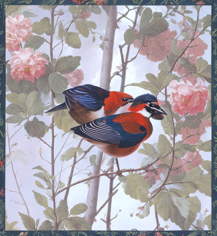 Vibrant red and black birds on branch with pink blossoms on blue background