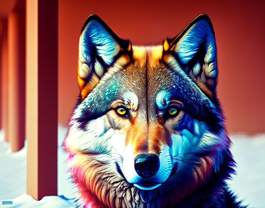 Colorful Wolf Face Artwork with Intense Eyes and Detailed Fur