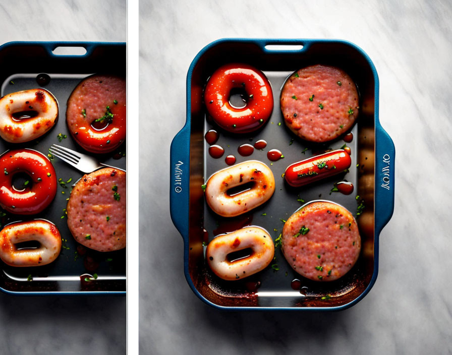 Cooked breakfast components: eggs in bell pepper rings, sausage patties, garnished with herbs