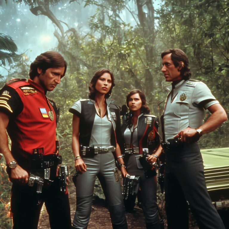 Four individuals in futuristic law enforcement uniforms standing in forest landscape