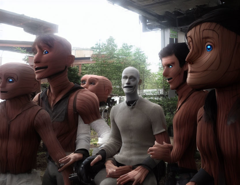 Realistic humanoid robots with diverse facial expressions in a group display advancements in robotics and AI.