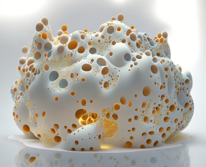 Abstract 3D Render of Porous Object with Golden Bubbles and Cavities