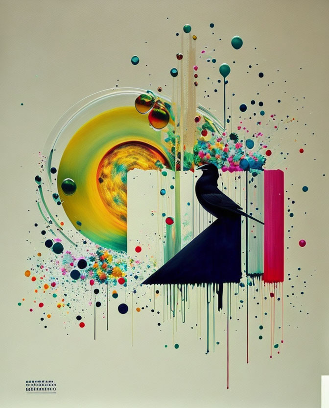 Colorful abstract art with bird silhouette and eye swirl.