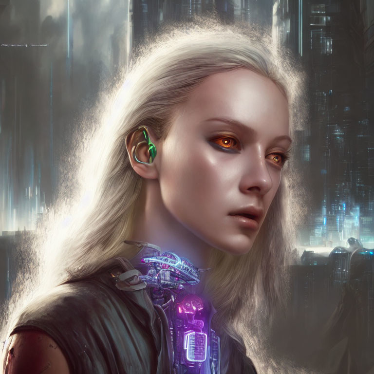 Female humanoid with pale skin, golden eyes, white hair, and cybernetic enhancements against city backdrop